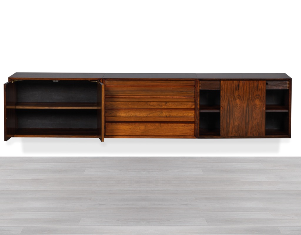 Mid century modern Poul Cadovius floating sideboard credenza CADO Danish vintage Brazilian rosewood storage modular shelving Scandinavian original imported design 1960 sliding doors cupboard drawers