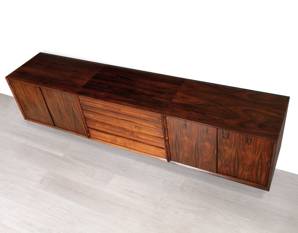 Mid century modern Poul Cadovius floating sideboard credenza CADO Danish vintage Brazilian rosewood storage modular shelving Scandinavian original imported design 1960 modular unit wall mounted
