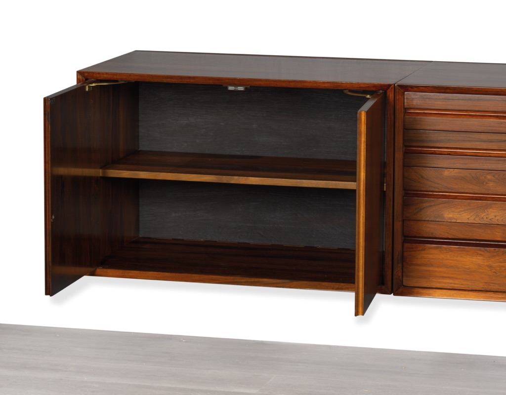 Mid century modern Poul Cadovius floating sideboard credenza CADO Danish vintage Brazilian rosewood storage modular shelving Scandinavian original imported design 1960 open cupboard