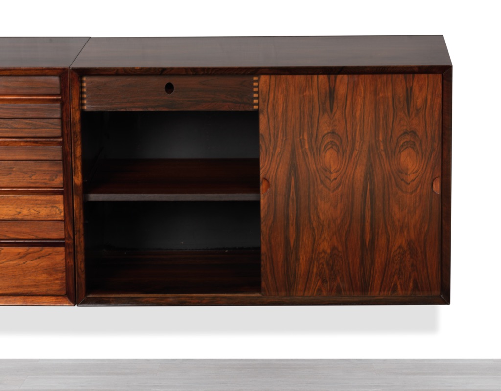 Mid century modern Poul Cadovius floating sideboard credenza CADO Danish vintage Brazilian rosewood storage modular shelving Scandinavian original imported design 1960 rare sliding door wall mounted unit