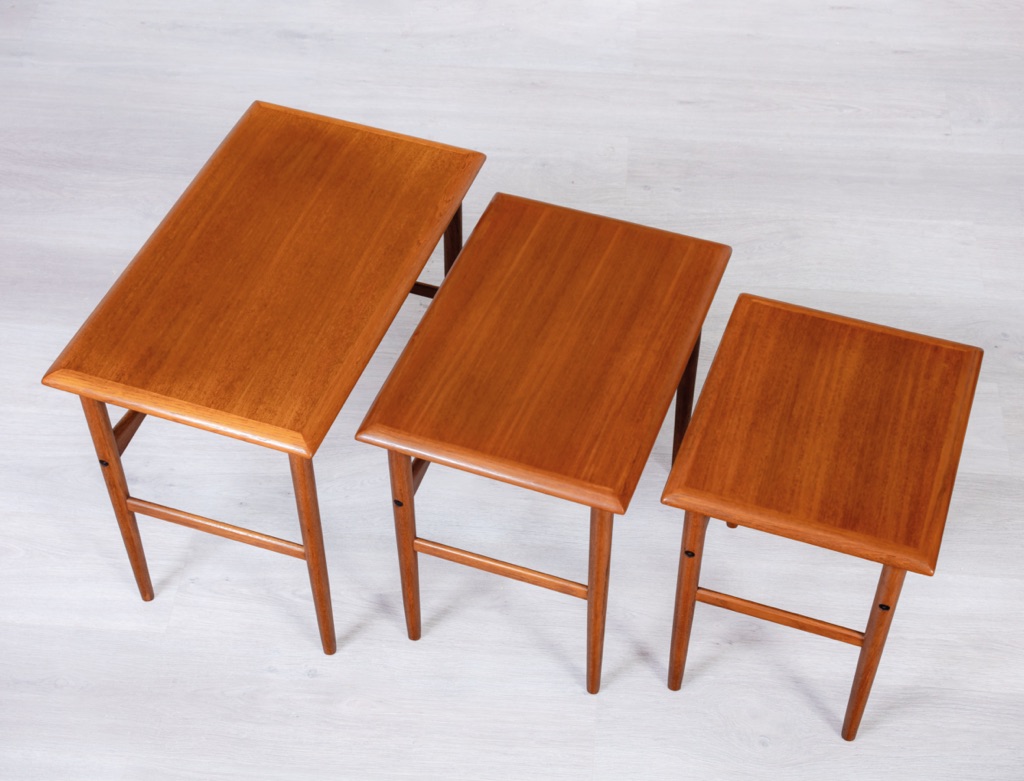 Mid century modern Poul Hundevad nesting tables nest of tables occasional Danish vintage teak 1960s three tables apart
