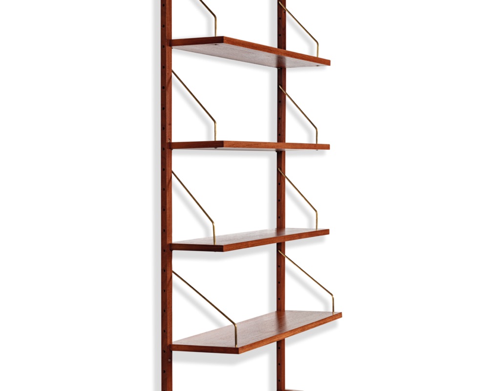 Mid century modern Peter Sorensen shelving system Danish vintage 1960 wall mounted Poul Cadovius PS System bookshelf storage teak modular Kai Kristiansen Hans Wegner original Scandinavian design metal shelving supports