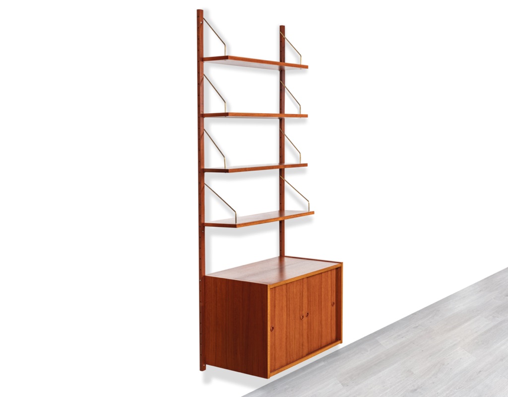 Mid century modern Peter Sorensen shelving system Danish vintage 1960 wall mounted Poul Cadovius PS System bookshelf storage teak modular Kai Kristiansen Hans Wegner original Scandinavian design profile storage shelves