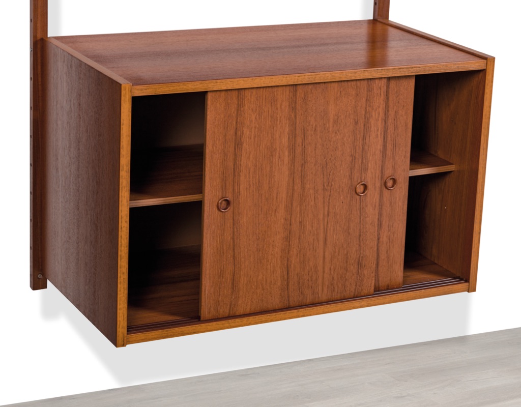 Mid century modern Peter Sorensen shelving system Danish vintage 1960 wall mounted Poul Cadovius PS System bookshelf storage teak modular Kai Kristiansen Hans Wegner original Scandinavian design sliding door cupboard