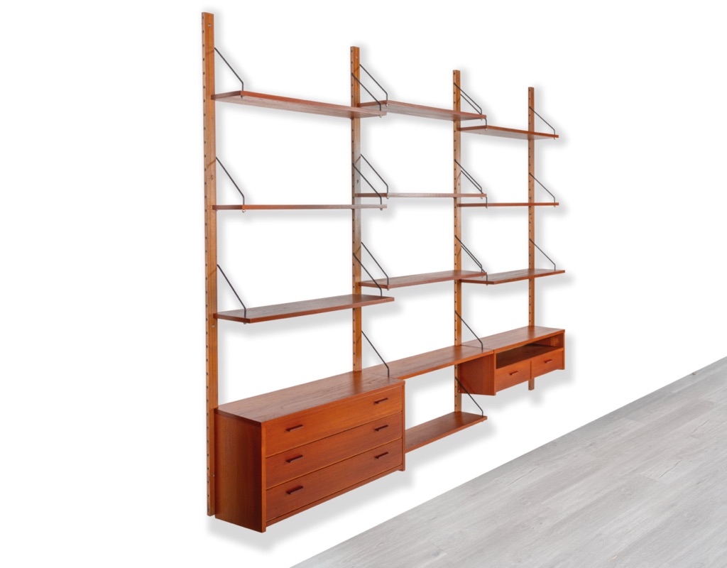 Mid century modern Danish vintage shelving system Poul Cadovius Peter Sorensen wall mounted bookshelf teak 1960 Kai Kristiansen Hans Wegner original Scandinavian storage design string Nils Strinning teak