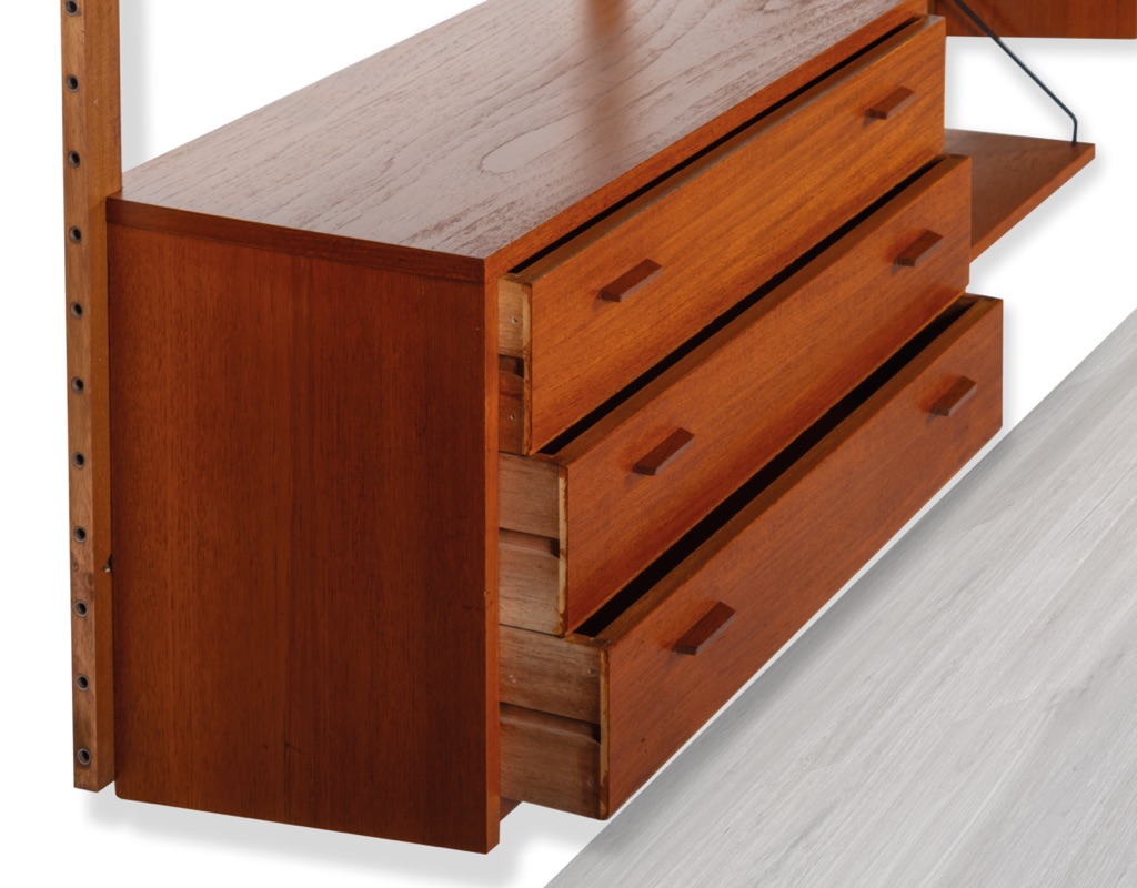 Mid century modern Danish vintage shelving system Poul Cadovius Peter Sorensen wall mounted bookshelf teak 1960 Kai Kristiansen Hans Wegner original Scandinavian storage design string Nils Strinning drawers