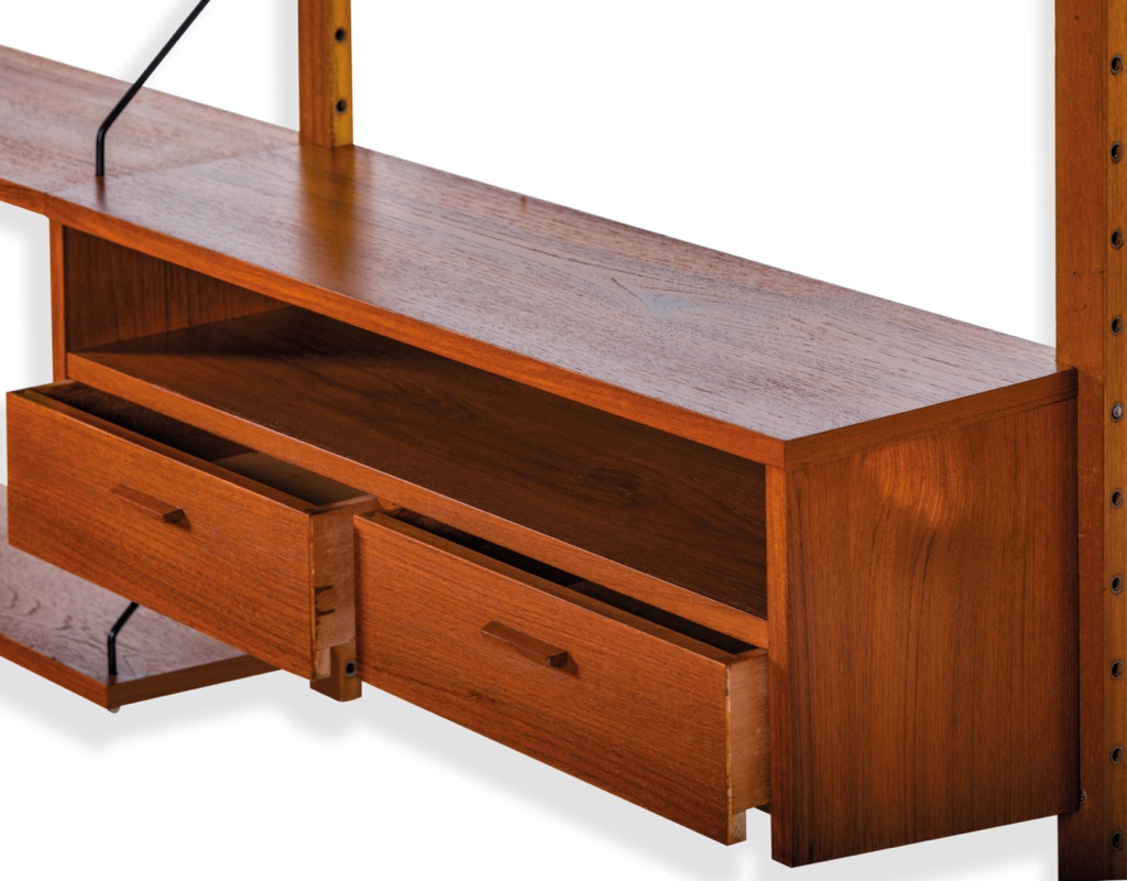 Mid century modern Danish vintage shelving system Poul Cadovius Peter Sorensen wall mounted bookshelf teak 1960 Kai Kristiansen Hans Wegner original Scandinavian storage design string Nils Strinning cabinet with drawers