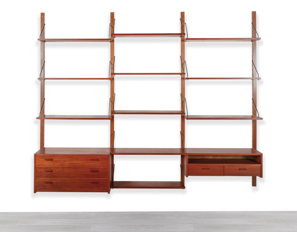 Mid century modern Danish vintage shelving system Poul Cadovius Peter Sorensen wall mounted bookshelf teak 1960 Kai Kristiansen Hans Wegner original Scandinavian storage design string Nils Strinning 230cm wide