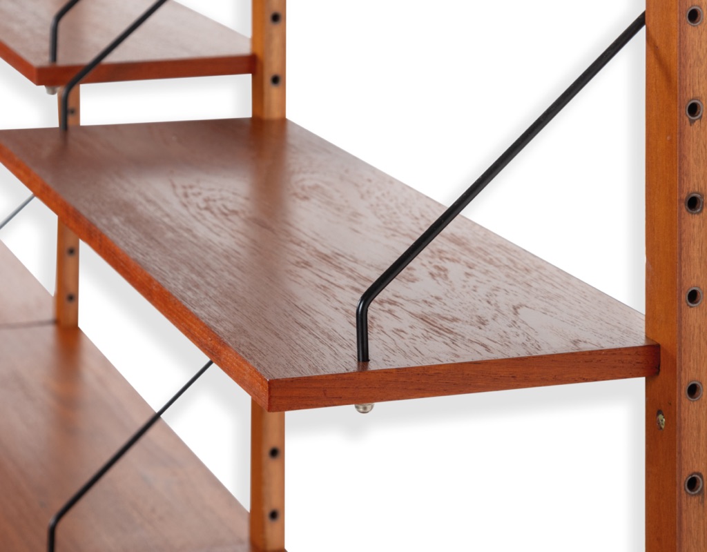 Mid century modern Danish vintage shelving system Poul Cadovius Peter Sorensen wall mounted bookshelf teak 1960 Kai Kristiansen Hans Wegner original Scandinavian storage design string Nils Strinning metal shelf support