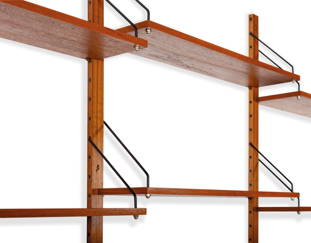 Mid century modern Danish vintage shelving system Poul Cadovius Peter Sorensen wall mounted bookshelf teak 1960 Kai Kristiansen Hans Wegner original Scandinavian storage design string Nils Strinning metal arms