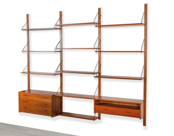 Mid century modern Danish vintage shelving system Poul Cadovius Peter Sorensen wall mounted bookshelf teak 1960 Kai Kristiansen Hans Wegner original Scandinavian storage design string Nils Strinning three bay