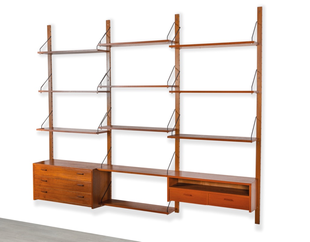 Mid century modern Danish vintage shelving system Poul Cadovius Peter Sorensen wall mounted bookshelf teak 1960 Kai Kristiansen Hans Wegner original Scandinavian storage design string Nils Strinning three bay