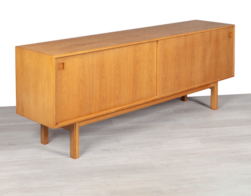 Mid century modern Gunni Omann Omann Jun Mobelfabrik Danish sideboard vintage credenza Model 21 European oak 1960 Denmark storage sliding doors imported furniture Melbourne recessed pulls stretcher base designer collectable light timber