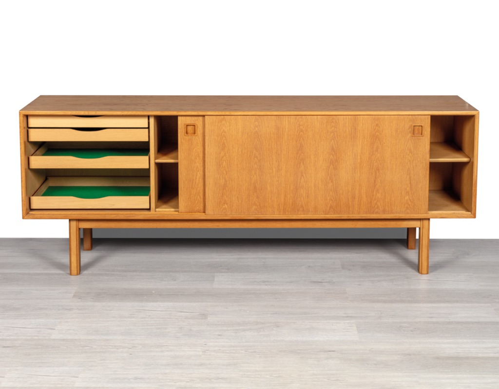 Mid century modern Gunni Omann Omann Jun Mobelfabrik Danish sideboard vintage credenza Model 21 European oak 1960 Denmark storage sliding doors imported furniture Melbourne recessed pulls stretcher base designer open doors