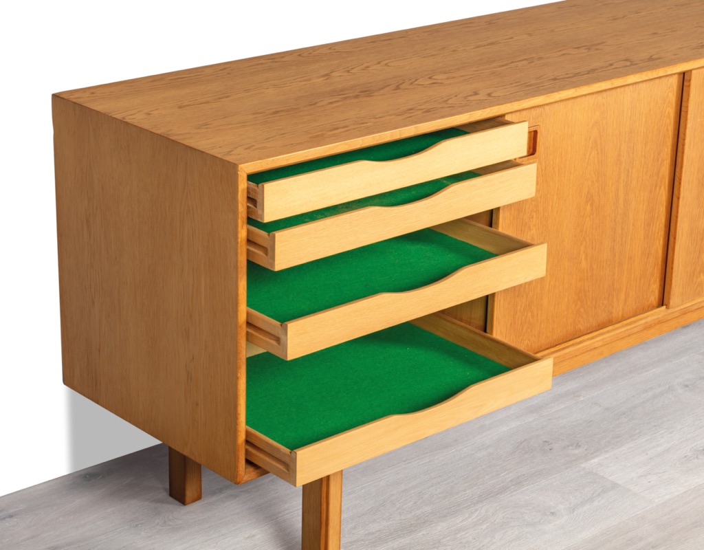 Mid century modern Gunni Omann Omann Jun Mobelfabrik Danish sideboard vintage credenza Model 21 European oak 1960 Denmark storage sliding doors imported furniture Melbourne recessed pulls stretcher base internal drawers green felt