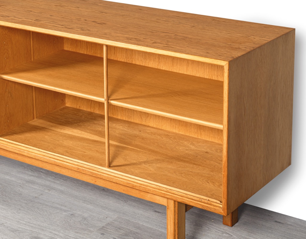 Mid century modern Gunni Omann Omann Jun Mobelfabrik Danish sideboard vintage credenza Model 21 European oak 1960 Denmark storage sliding doors imported furniture Melbourne recessed pulls stretcher base tv cabinet long storage