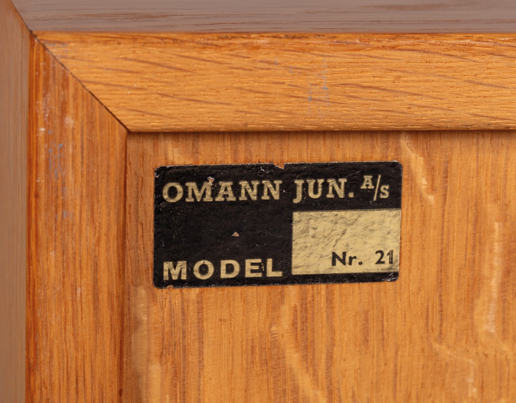 Mid century modern Gunni Omann Omann Jun Mobelfabrik Danish sideboard vintage credenza Model 21 European oak 1960 Denmark storage sliding doors imported furniture Melbourne recessed pulls stretcher base makers sticker