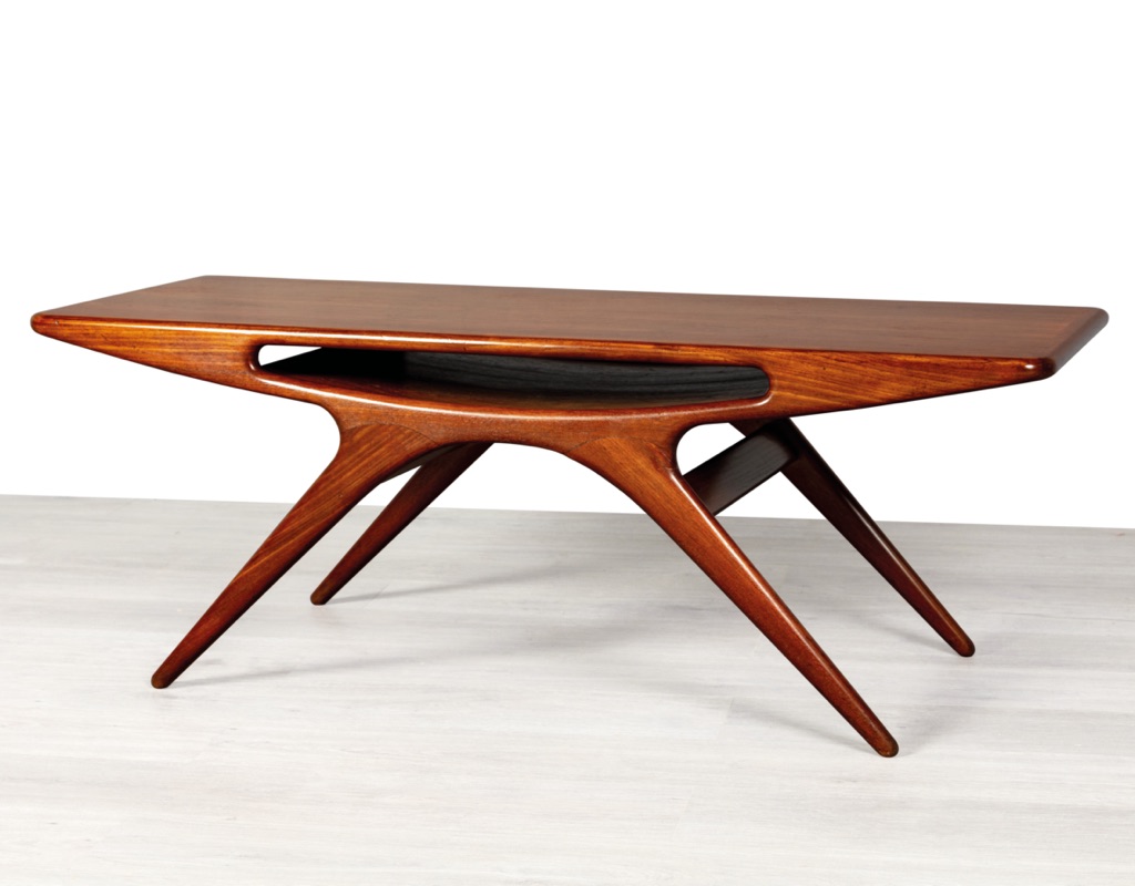 Mid century modern Smile Coffee Table by Johannes Andersen for CFC Silkeborg in teak Danish original vintage 1950 imported side view