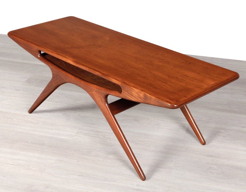Mid century modern Smile Coffee Table by Johannes Andersen for CFC Silkeborg in teak Danish original vintage 1950 imported angle