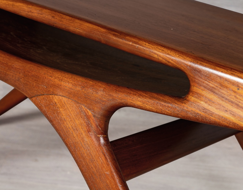 Mid century modern Smile Coffee Table by Johannes Andersen for CFC Silkeborg in teak Danish original vintage 1950 imported close up