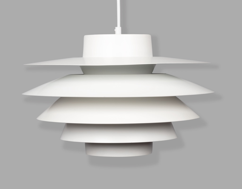 Mid Century Modern Svend Middelboe Verona Pendant lighting lamp Danish Vintage Scandinavian original lighting Nordisk Louvered white Denmark front silhouette Melbourne importers
