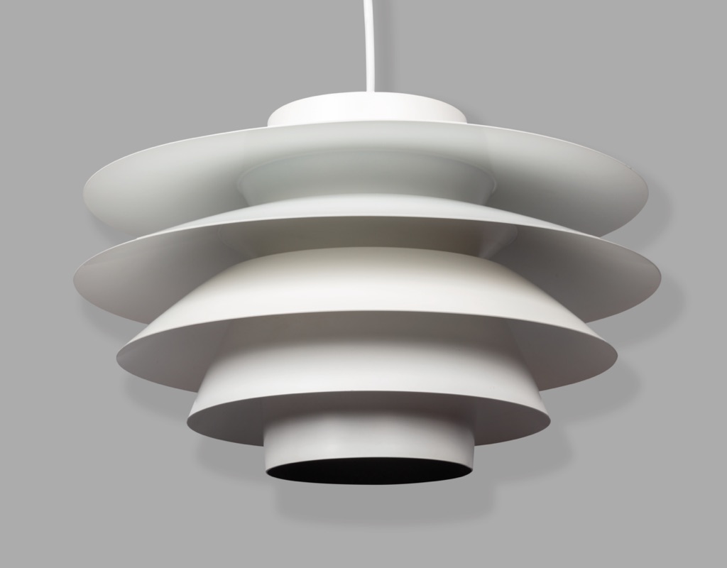 Mid Century Modern Svend Middelboe Verona Pendant lighting lamp Danish Vintage Scandinavian original lighting Nordisk Louvered white Denmark front view