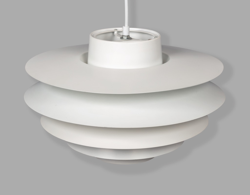 Mid Century Modern Svend Middelboe Verona Pendant lighting lamp Danish Vintage Scandinavian original lighting Nordisk Louvered white Denmark filtered light no glare