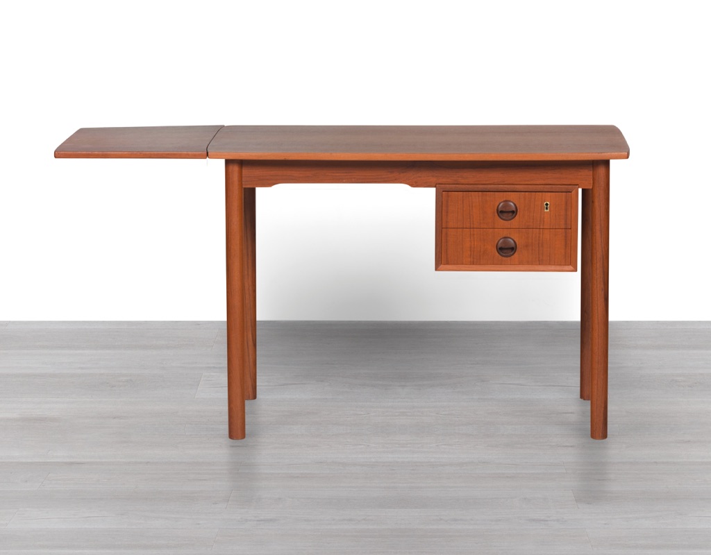 Mid century modern Danish writing desk compact small teak drop side original Scandinavian design home office extended top