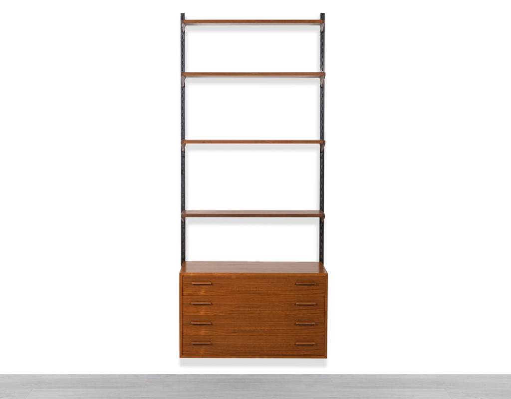 Mid century modern Danish Kai Kristiansen shelving system Brazilian Rosewood wall mounted FM Mobler 1960 Denmark Kurt Ostervig Poul Cadovius Peter Sorensen bookshelf storage teak drawers