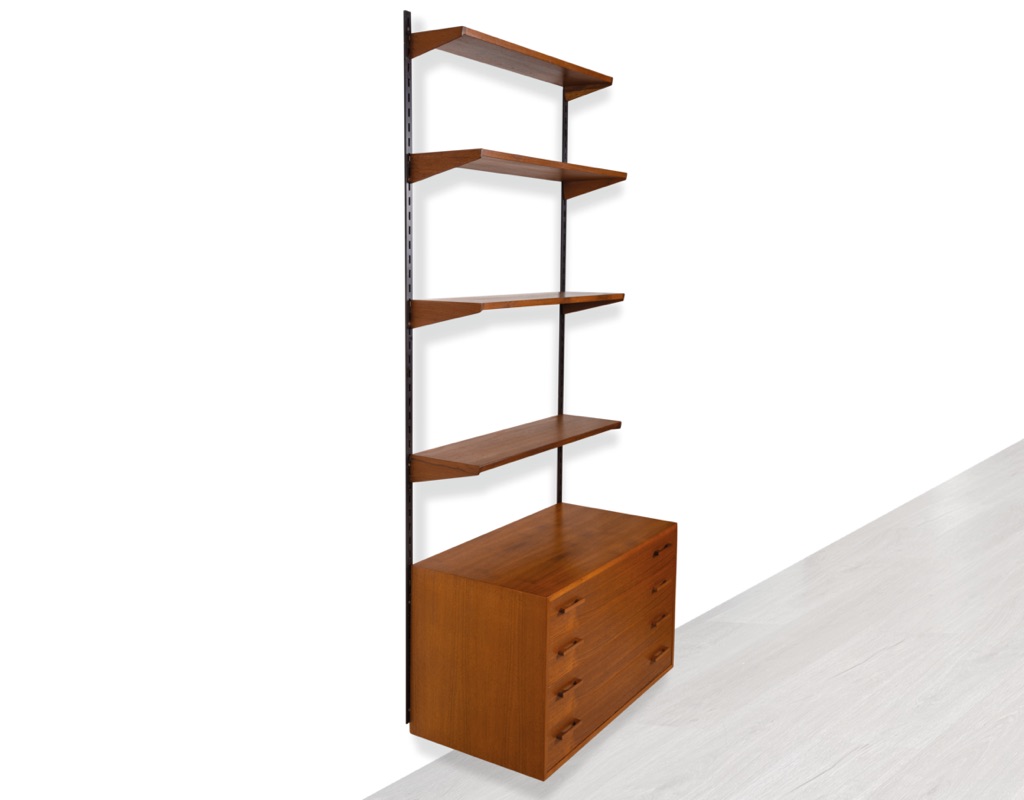 Mid century modern Danish Kai Kristiansen shelving system Brazilian Rosewood wall mounted FM Mobler 1960 Denmark Kurt Ostervig Poul Cadovius Peter Sorensen bookshelf storage teak modular