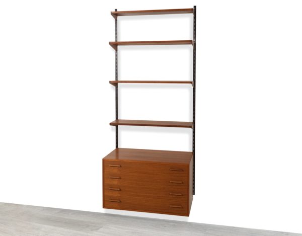 Mid century modern Danish Kai Kristiansen shelving system Brazilian Rosewood wall mounted FM Mobler 1960 Denmark Kurt Ostervig Poul Cadovius Peter Sorensen bookshelf storage teak adjustable teak