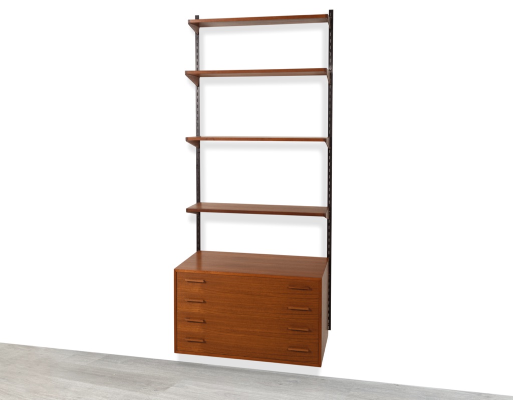 Mid century modern Danish Kai Kristiansen shelving system Brazilian Rosewood wall mounted FM Mobler 1960 Denmark Kurt Ostervig Poul Cadovius Peter Sorensen bookshelf storage teak adjustable teak