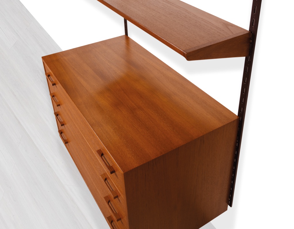 Mid century modern Danish Kai Kristiansen shelving system Brazilian Rosewood wall mounted FM Mobler 1960 Denmark Kurt Ostervig Poul Cadovius Peter Sorensen bookshelf storage teak drawers top