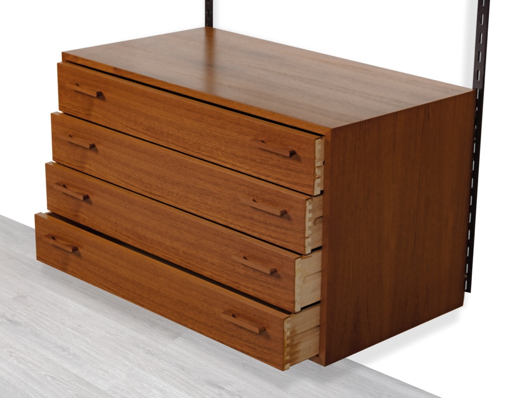 Mid century modern Danish Kai Kristiansen shelving system Brazilian Rosewood wall mounted FM Mobler 1960 Denmark Kurt Ostervig Poul Cadovius Peter Sorensen bookshelf storage teak dovetail joins