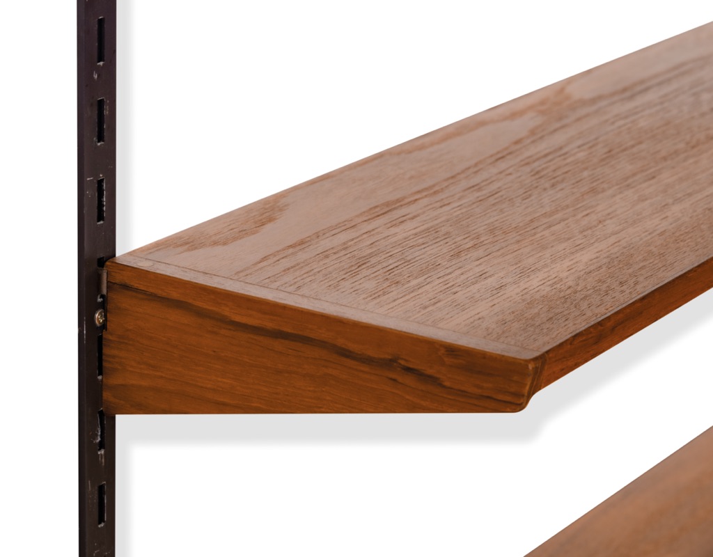 Mid century modern Danish Kai Kristiansen shelving system Brazilian Rosewood wall mounted FM Mobler 1960 Denmark Kurt Ostervig Poul Cadovius Peter Sorensen bookshelf storage teak aluminium wall rail