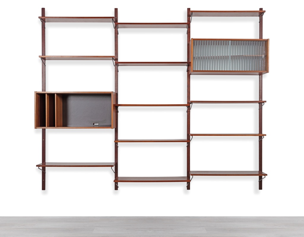 Mid century modern Danish Kurt Ostervig Poul Cadovius shelving system Brazilian Rosewood teak wall mounted FM Mobler 1960 Denmark Peter Sorensen bookshelf storage teak Kai Kristiansen modular 3 bay