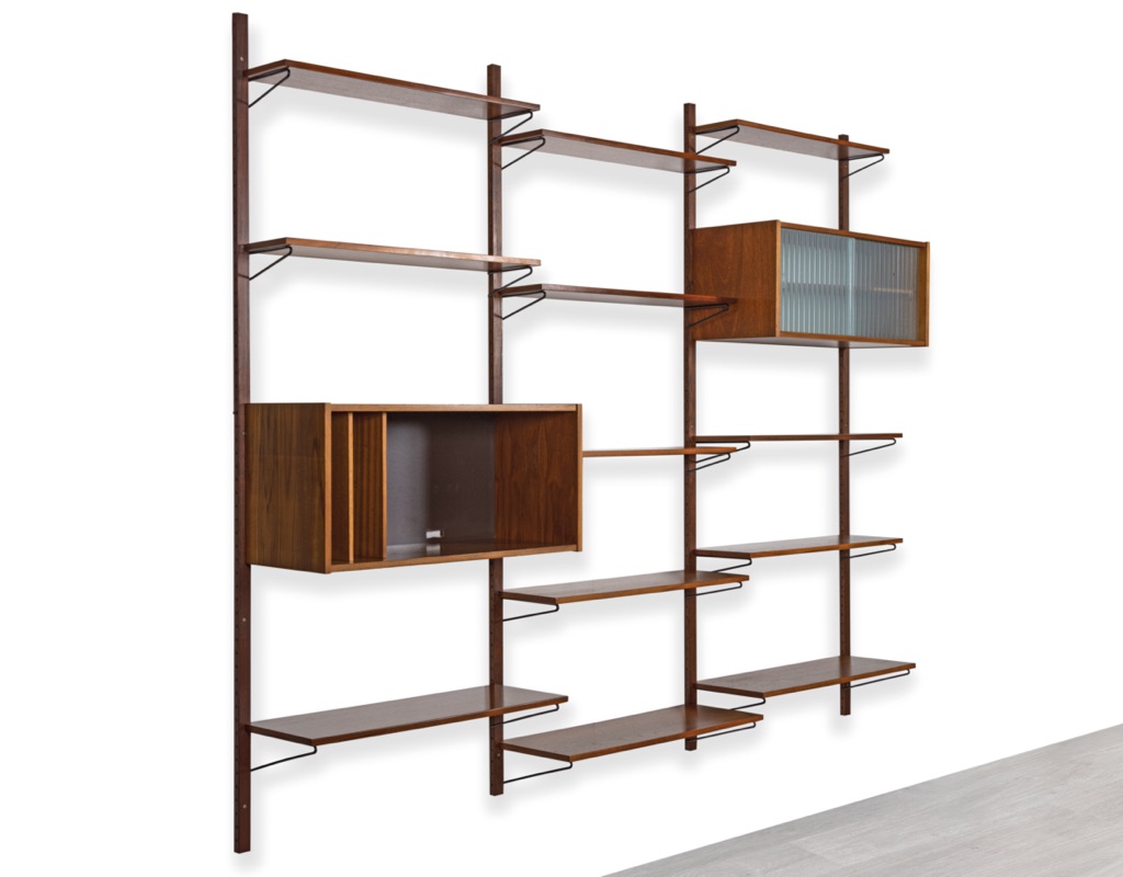 Mid century modern Danish Kurt Ostervig Poul Cadovius shelving system Brazilian Rosewood teak wall mounted FM Mobler 1960 Denmark Peter Sorensen bookshelf storage teak Kai Kristiansen modular records