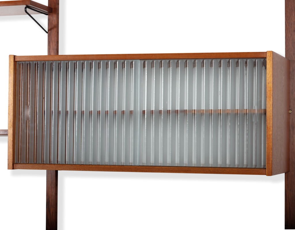 Mid century modern Danish Kurt Ostervig Poul Cadovius shelving system Brazilian Rosewood teak wall mounted FM Mobler 1960 Denmark Peter Sorensen bookshelf storage teak Kai Kristiansen modular flutted glass doors
