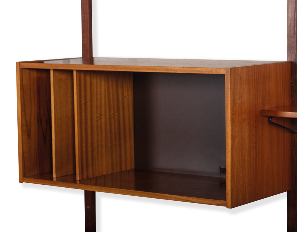 Mid century modern Danish Kurt Ostervig Poul Cadovius shelving system Brazilian Rosewood teak wall mounted FM Mobler 1960 Denmark Peter Sorensen bookshelf storage teak Kai Kristiansen modular record storage