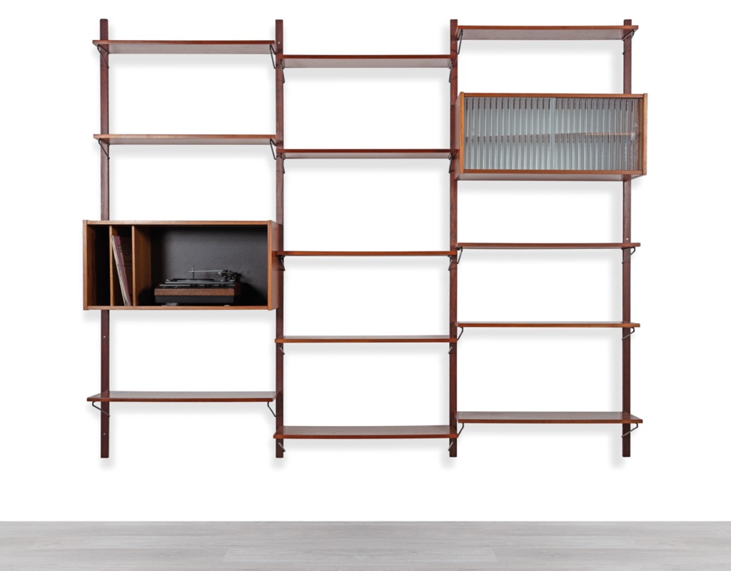 Mid century modern Danish Kurt Ostervig Poul Cadovius shelving system Brazilian Rosewood teak wall mounted FM Mobler 1960 Denmark Peter Sorensen bookshelf storage teak Kai Kristiansen modular teak system