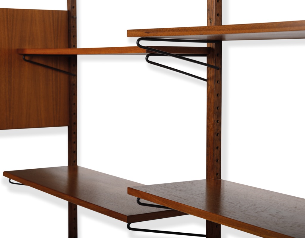 Mid century modern Danish Kurt Ostervig Poul Cadovius shelving system Brazilian Rosewood teak wall mounted FM Mobler 1960 Denmark Peter Sorensen bookshelf storage teak Kai Kristiansen modular metal shelving support arms black