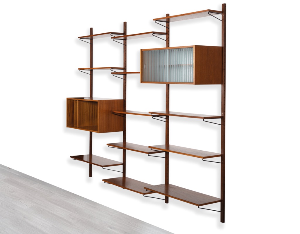 Mid century modern Danish Kurt Ostervig Poul Cadovius shelving system Brazilian Rosewood teak wall mounted FM Mobler 1960 Denmark Peter Sorensen bookshelf storage teak Kai Kristiansen modular black metal supports