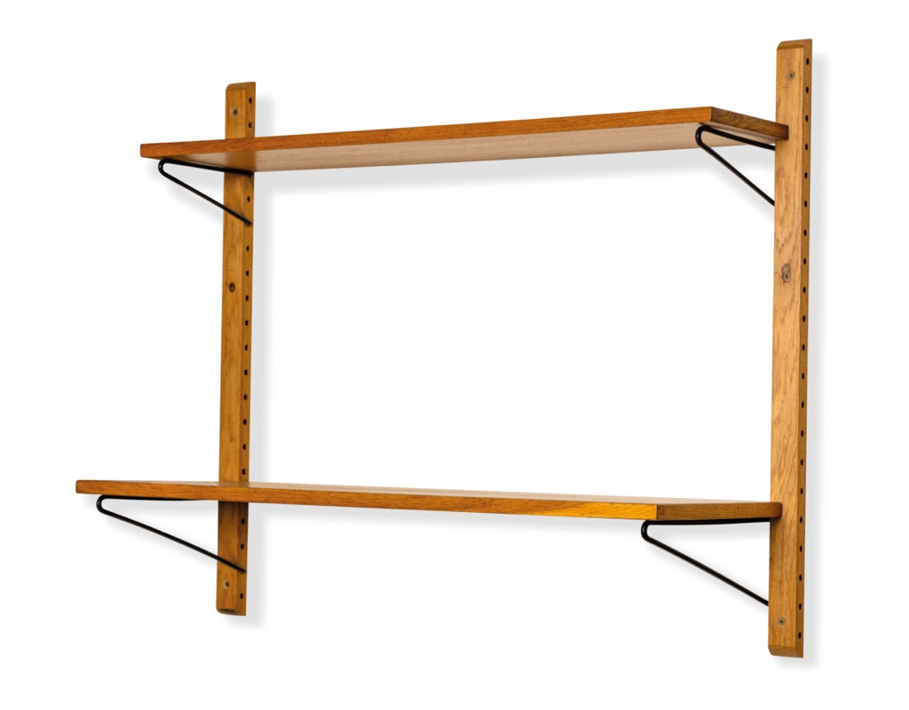 Mid century modern Danish Kurt Ostervig Poul Cadovius shelving system Brazilian Rosewood teak wall mounted FM Mobler 1960 Denmark Peter Sorensen bookshelf storage teak Kai Kristiansen modular metal black supports two shelves