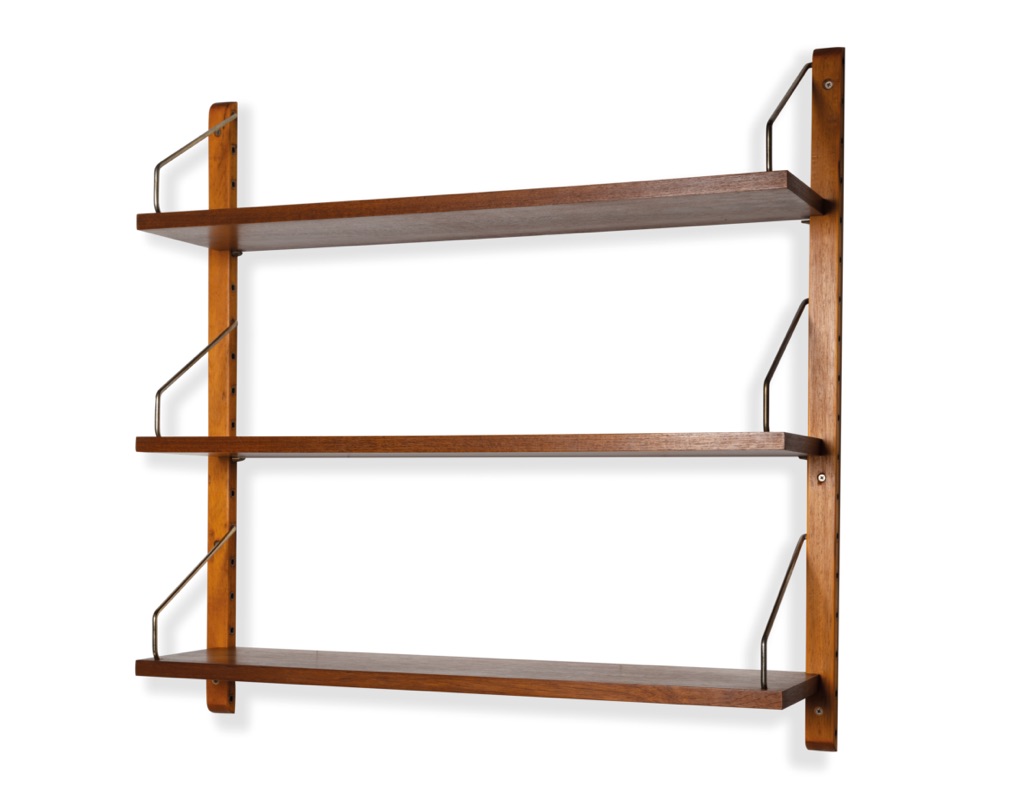 Mid century modern Danish Poul Cadovius shelving system model Royal teak wall mounted shelves 1960 Denmark Peter Sorensen modular small unit Scandinavian original furniture 3 shelves