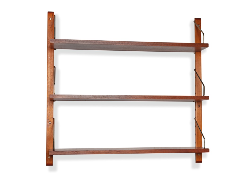 Mid century modern Danish Poul Cadovius shelving system model Royal teak wall mounted shelves 1960 Denmark Peter Sorensen modular small unit Scandinavian original furniture brass arms