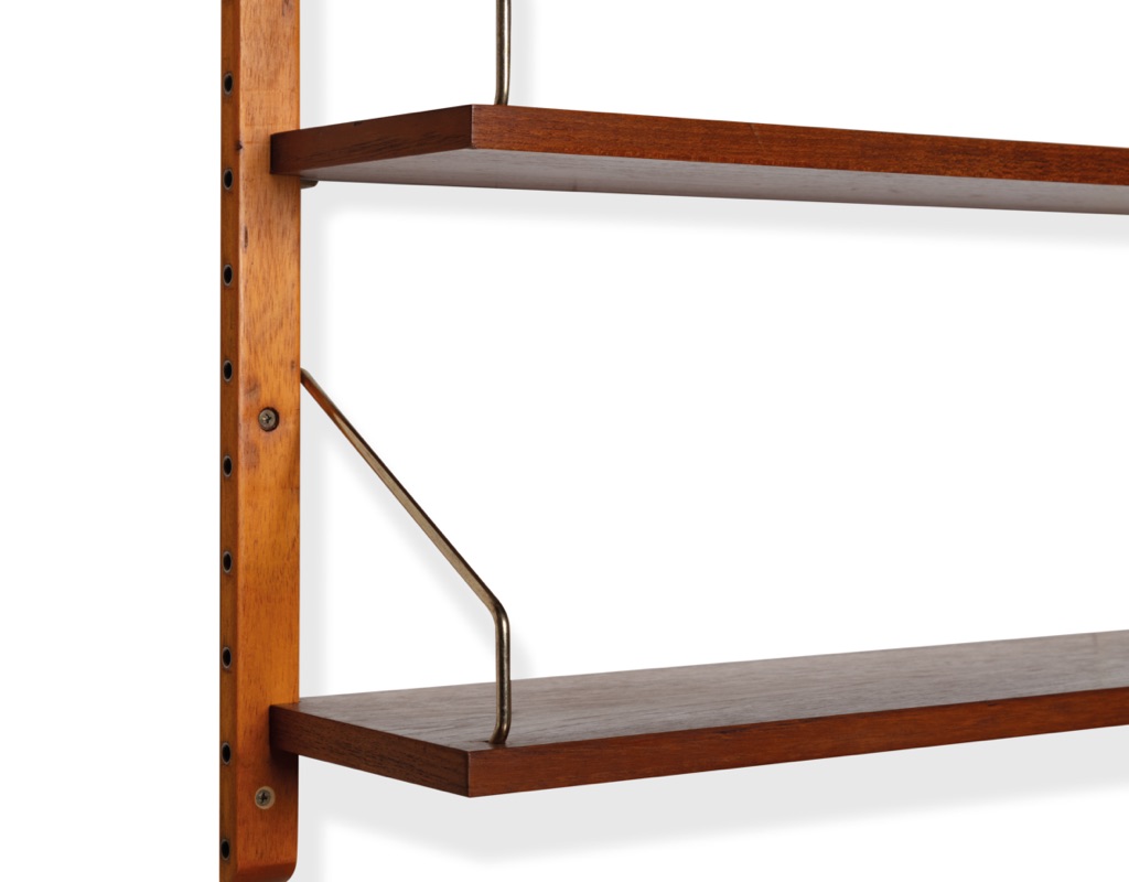 Mid century modern Danish Poul Cadovius shelving system model Royal teak wall mounted shelves 1960 Denmark Peter Sorensen modular small unit Scandinavian original furniture metal brass supporting arms