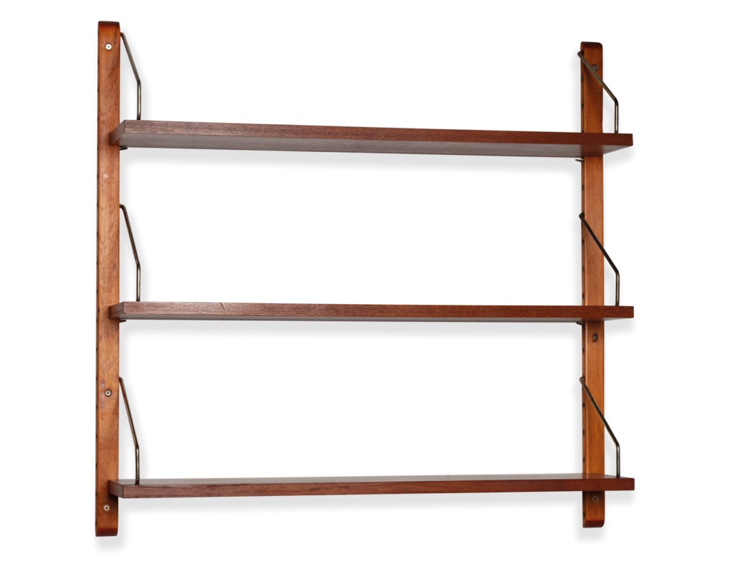 Mid century modern Danish Poul Cadovius shelving system model Royal teak wall mounted shelves 1960 Denmark Peter Sorensen modular small unit Scandinavian original furniture floating bookshelf