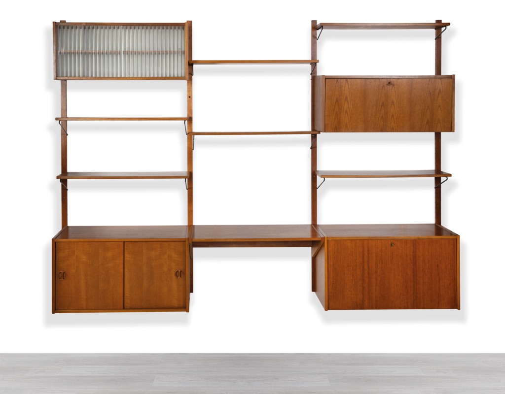 Mid century modern wall mounted shelving system Kurt Ostervig Poul Cadovius Peter Sorensen Kai Kristiansen Danish vintage bookshelf storage teak 1960