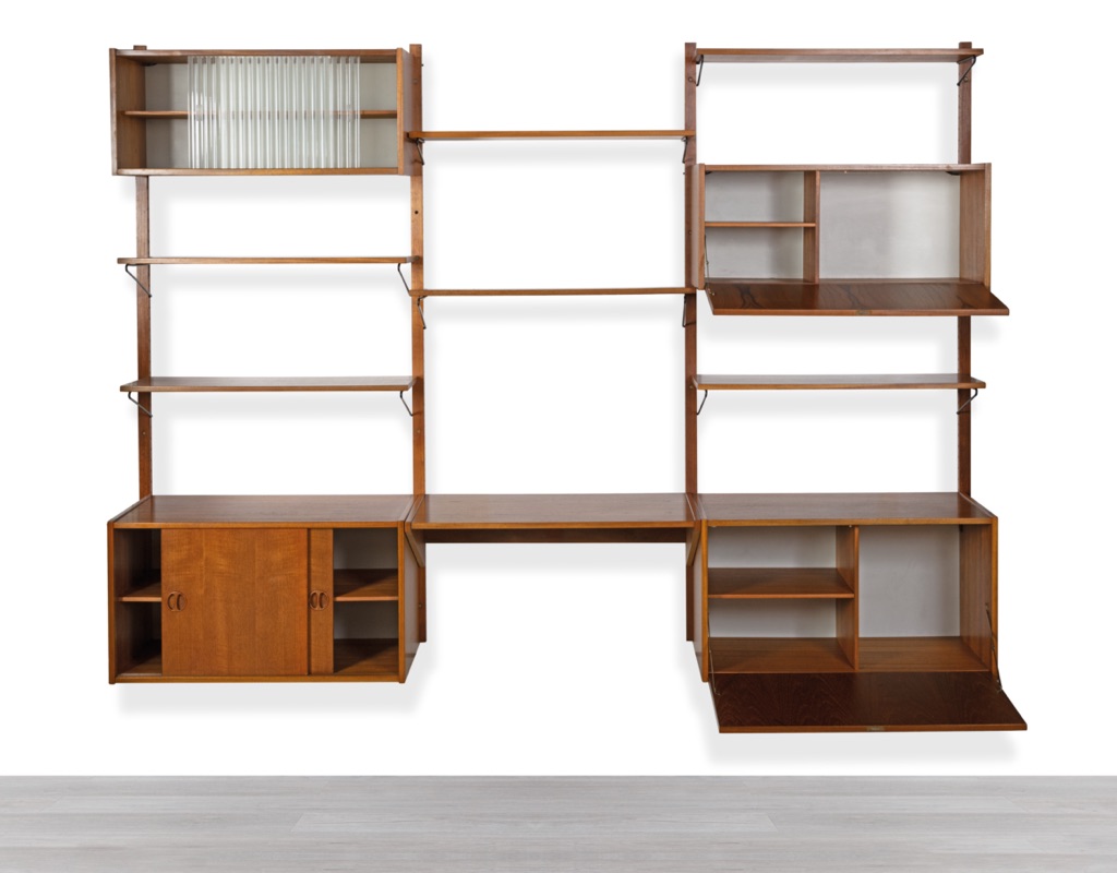 Mid century modern wall mounted shelving system Kurt Ostervig Poul Cadovius Peter Sorensen Kai Kristiansen Danish vintage bookshelf storage teak 1960 modular