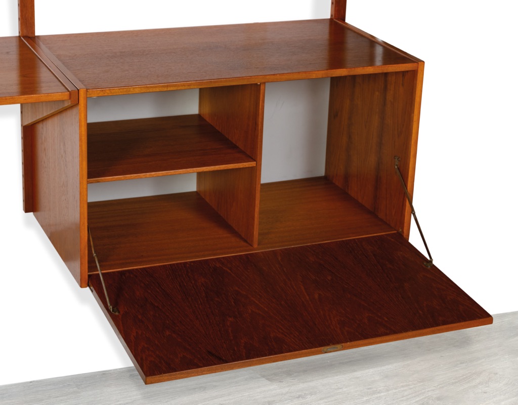 Mid century modern wall mounted shelving system Kurt Ostervig Poul Cadovius Peter Sorensen Kai Kristiansen Danish vintage bookshelf storage teak 1960 open front